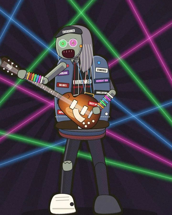 Patient Zero, the first fan, holding a guitar among laser beams.