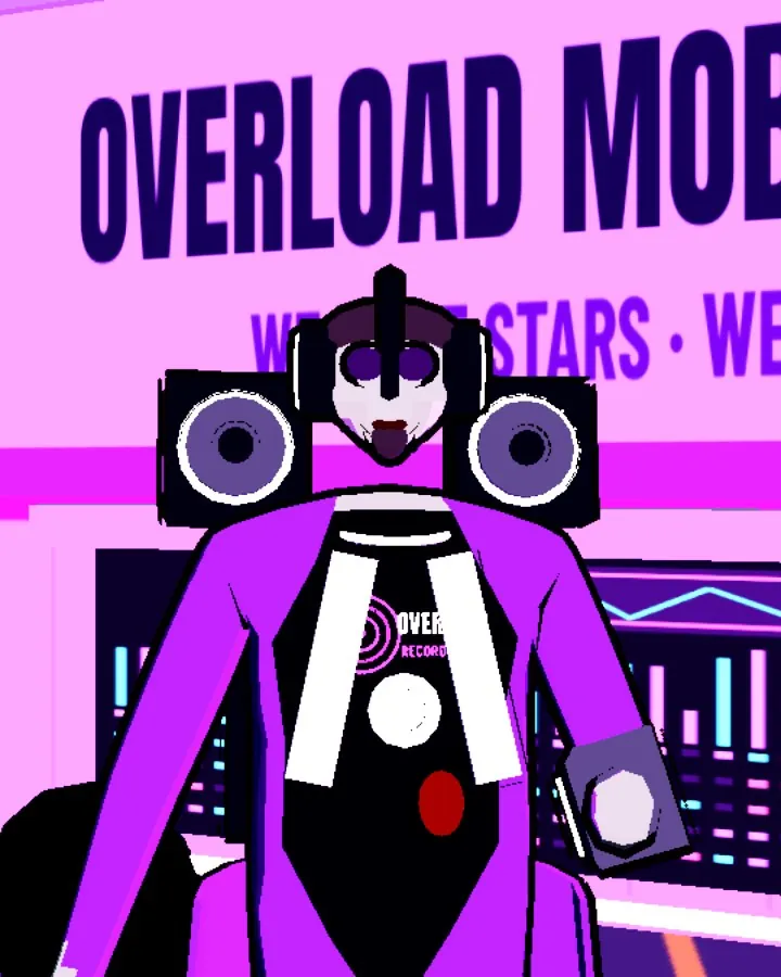 The Producer, zombie record-label boss in violet with huge headphones.