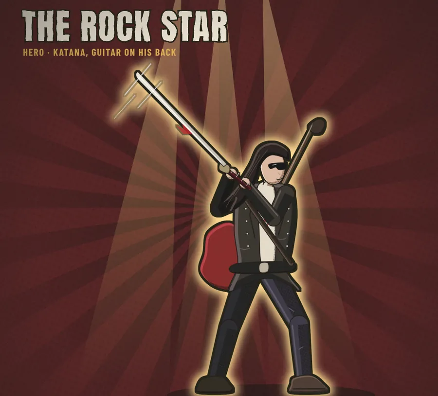 Concept art: the rock star, katana over his shoulder.