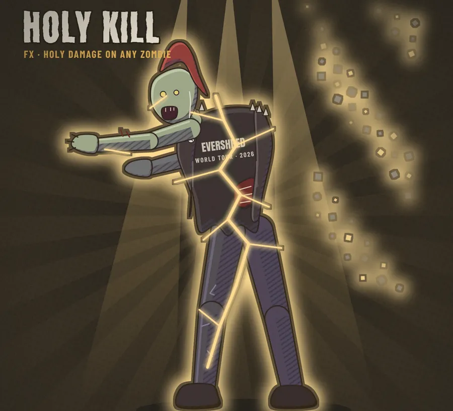 Concept art: a zombie cracks apart in golden holy light.