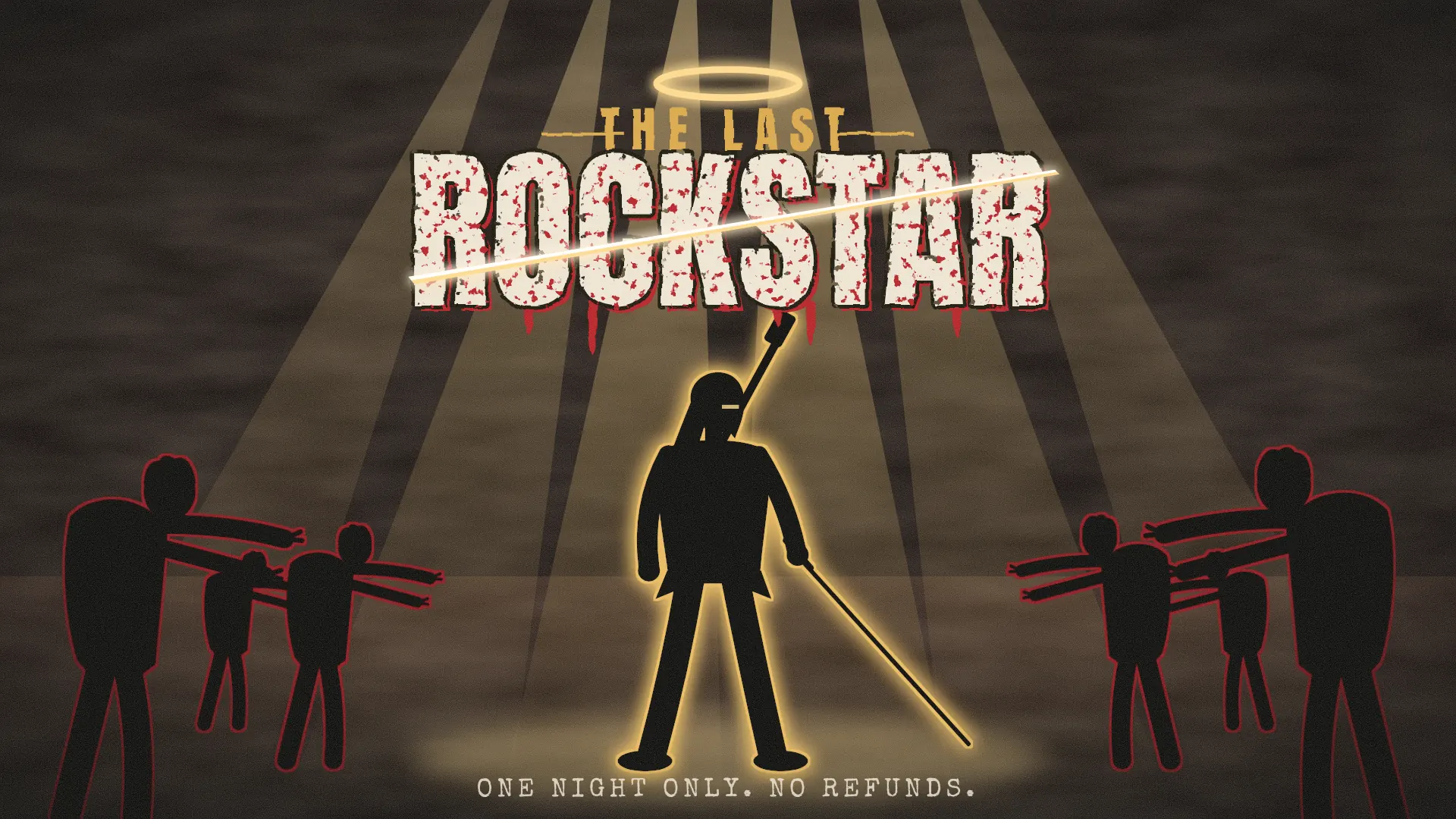 The Last Rockstar: the rock star stands in a spotlight with his katana raised while zombies close in. One night only. No refunds.