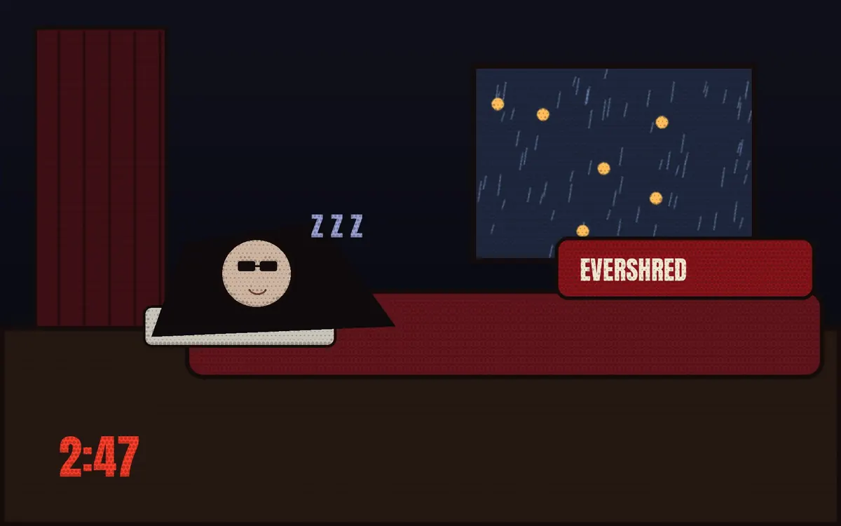 He sleeps in the tour bus bunk. The clock reads 2:47.