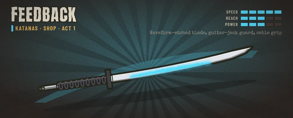 Weapon concept: Feedback, a katana with a glowing waveform blade.